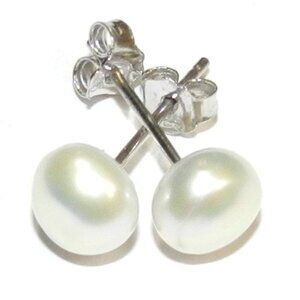 White 6mm Round Button Cultured Freshwater Pearl Silver Brass Post Earrings E195